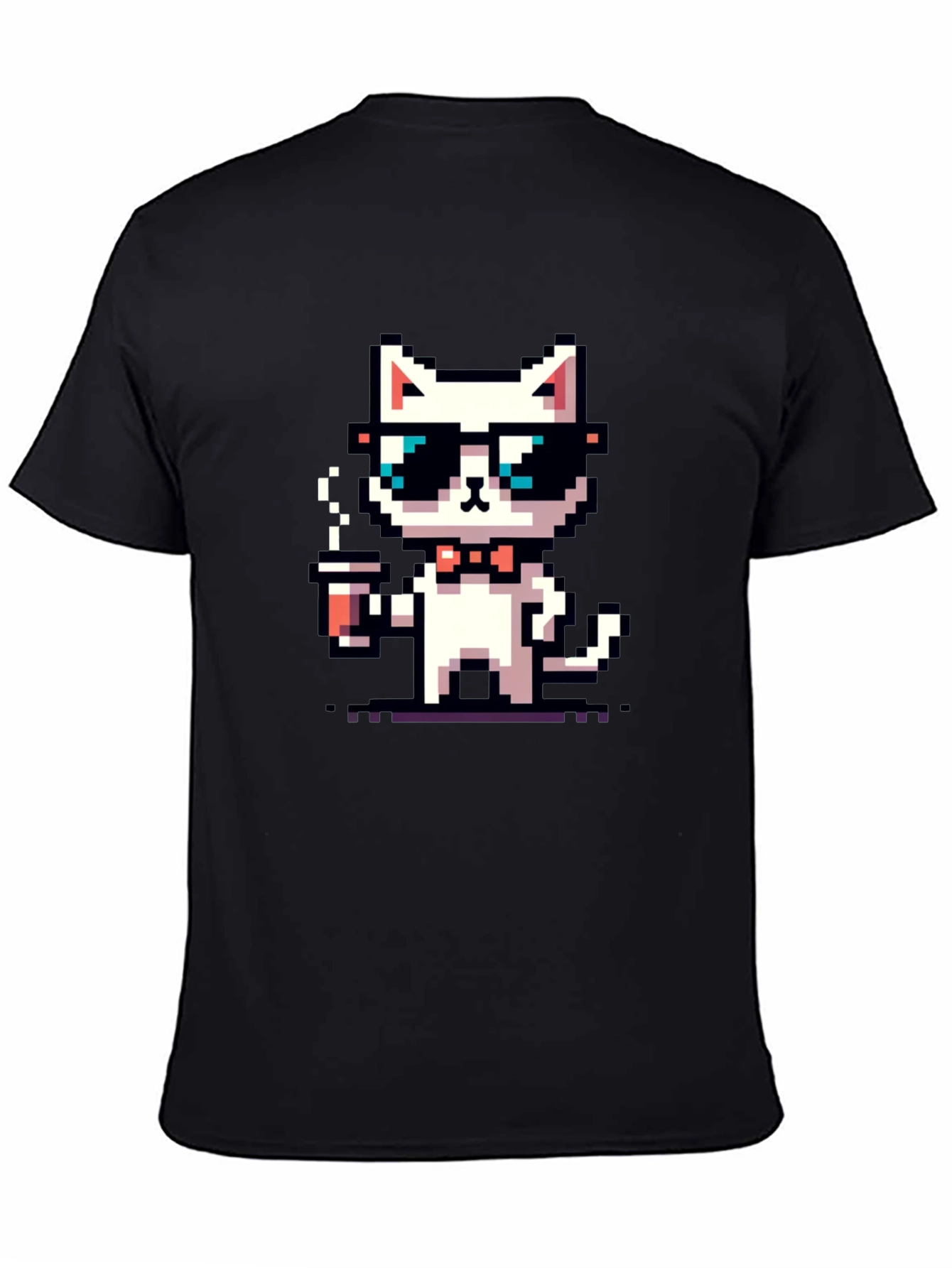 Black Cool Pixel Cat Coffee T-Shirt view 4