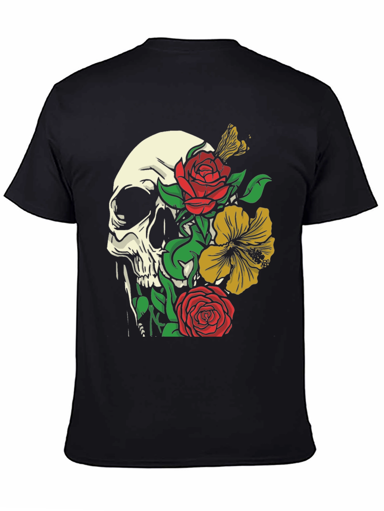 Black Skull & Floral Graphic Tee - Trendy Style view 4
