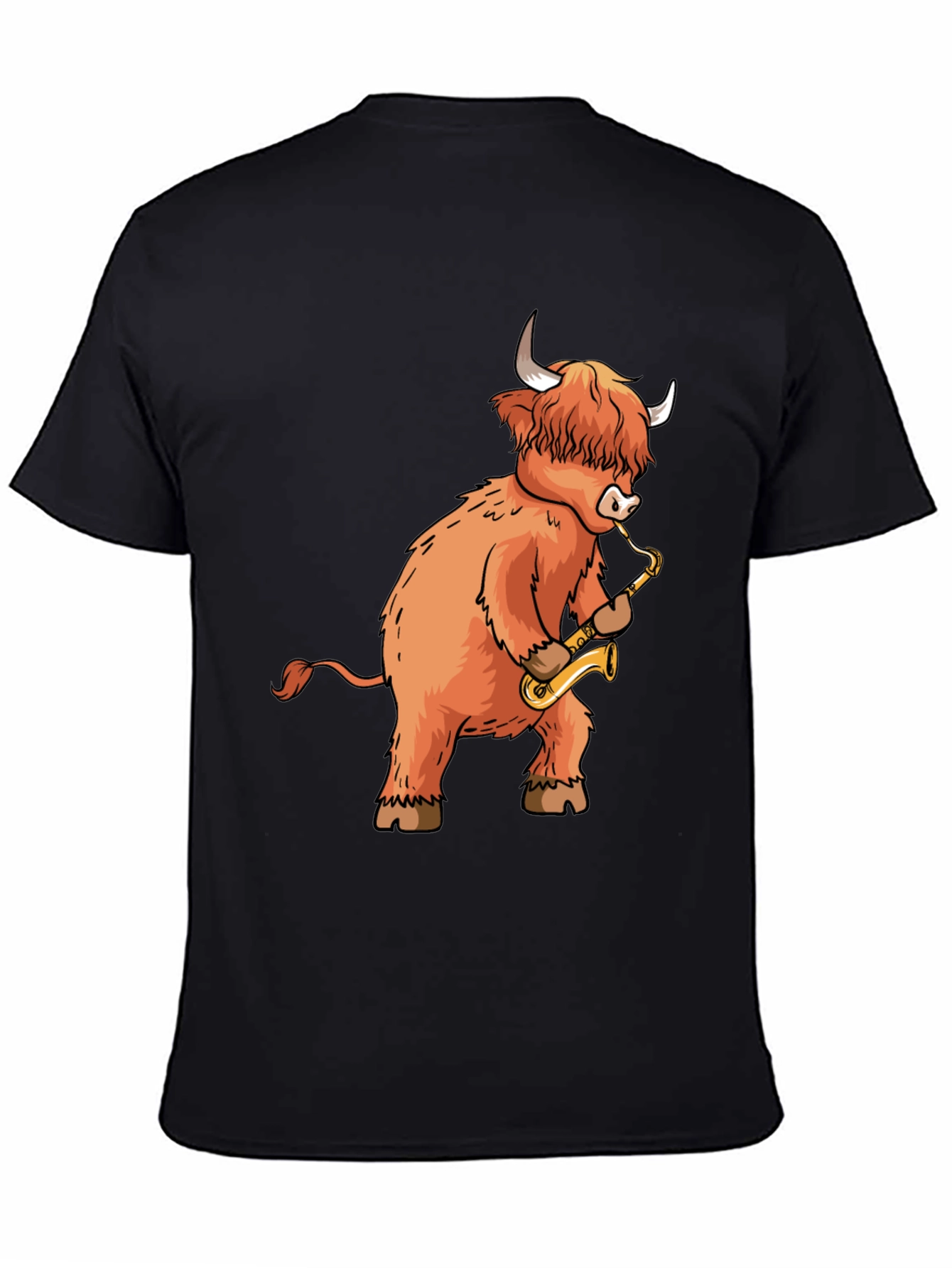 Black Highland Cow Saxophone T-Shirt - Funny Music Tee view 4