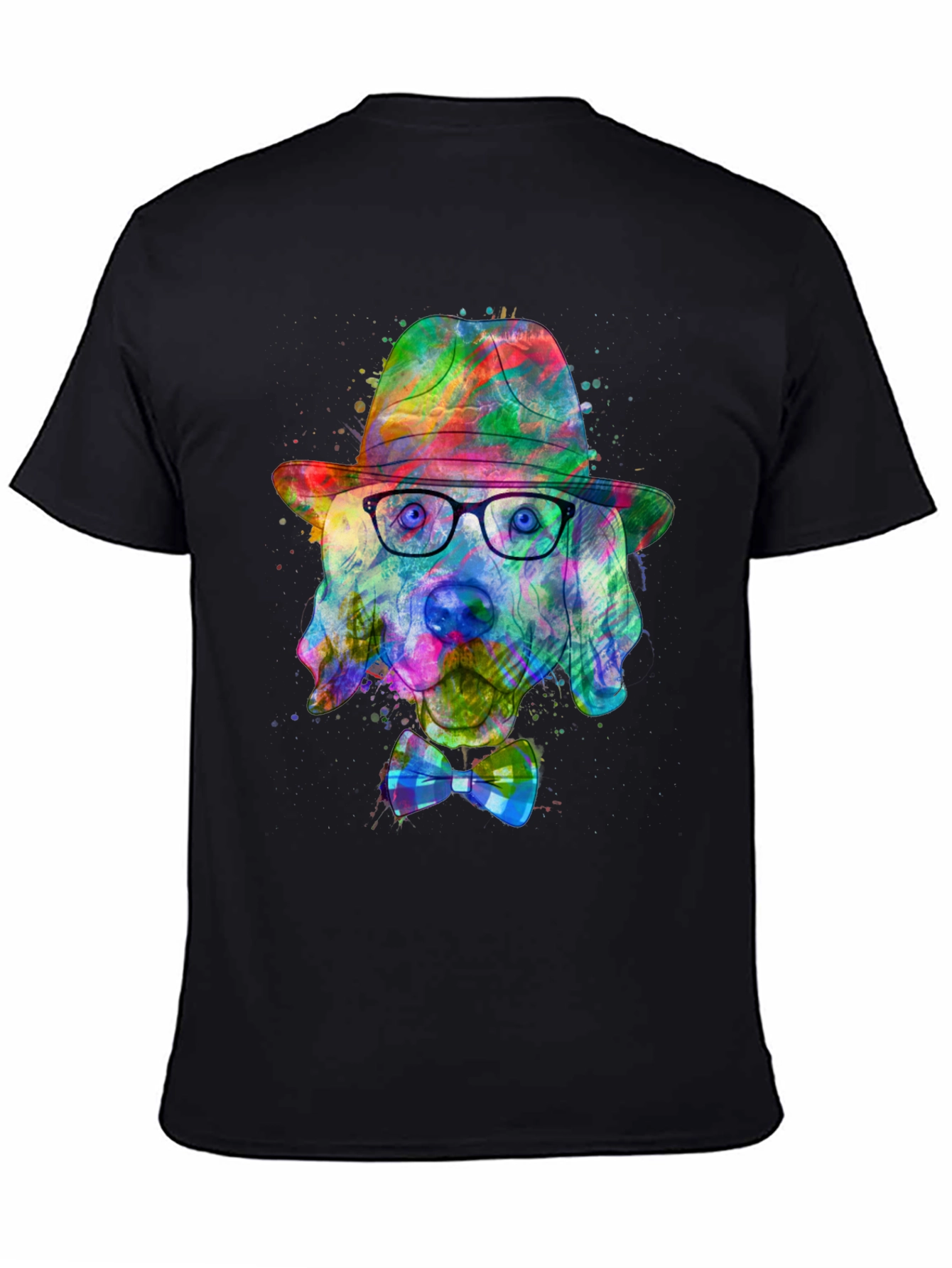 Black Dog Art T-Shirt - Watercolor Dog with Hat & Bowtie view 4