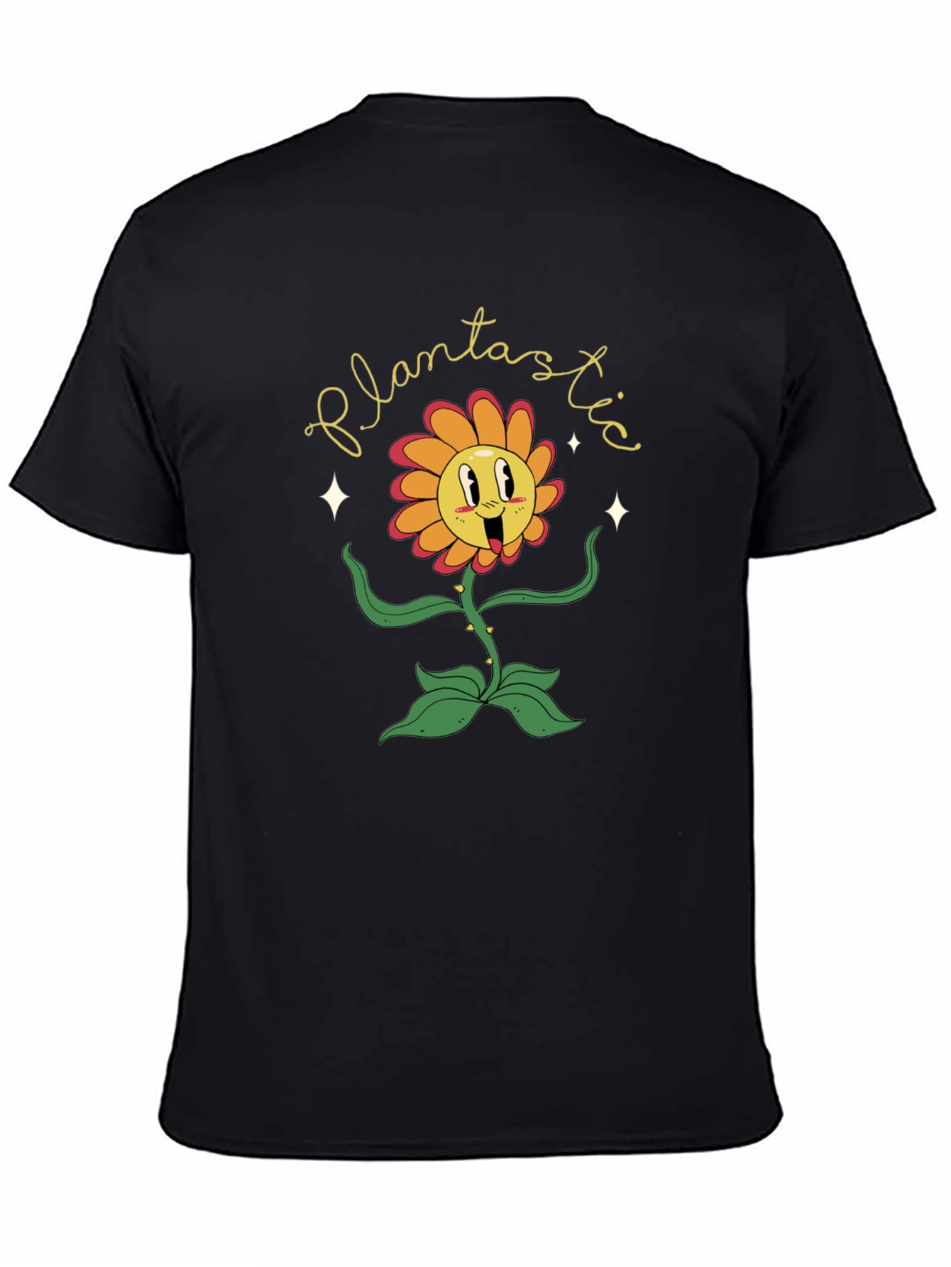 Black Plantastic Graphic Tee - Trendy Cartoon Flower T-Shirt view 4
