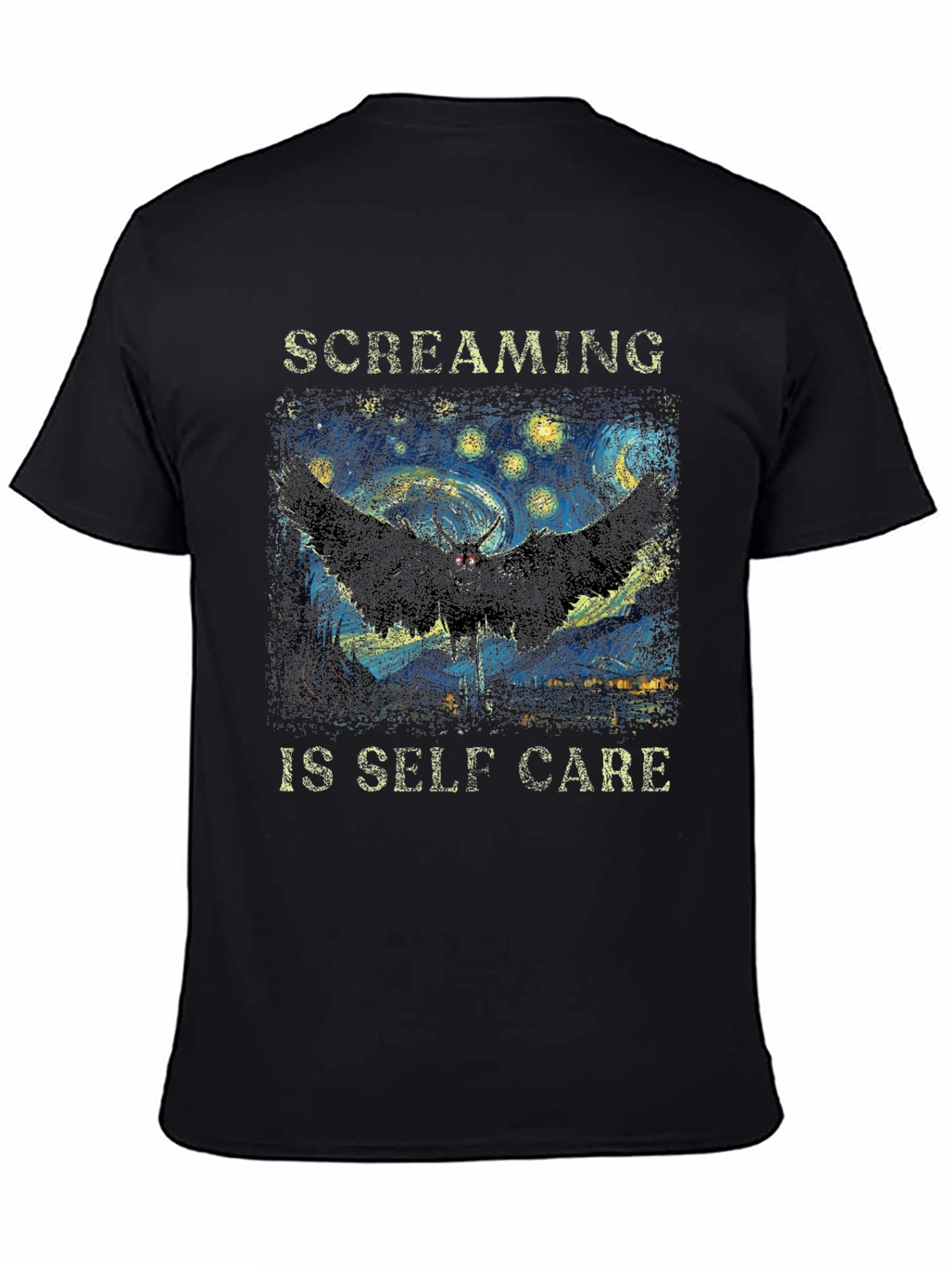 Black Screaming Is Self Care T-Shirt Starry Night Mothman Tee view 4