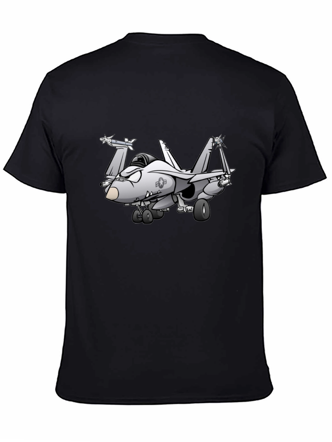 Black Cartoon Fighter Jet Graphic Black T-Shirt view 4