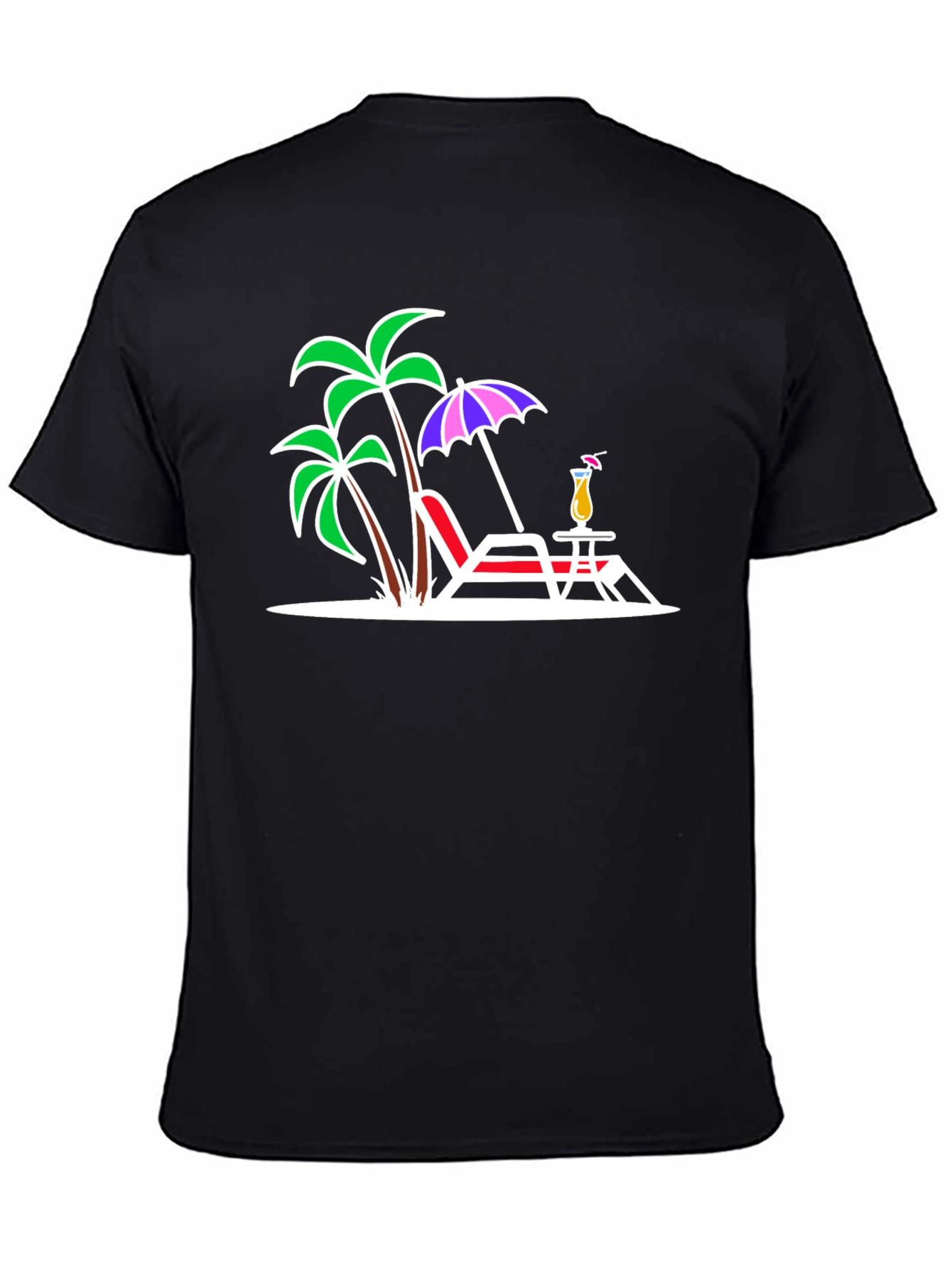 Black Tropical Beach T-Shirt: Palm Trees, Chair, & Cocktail Design view 4