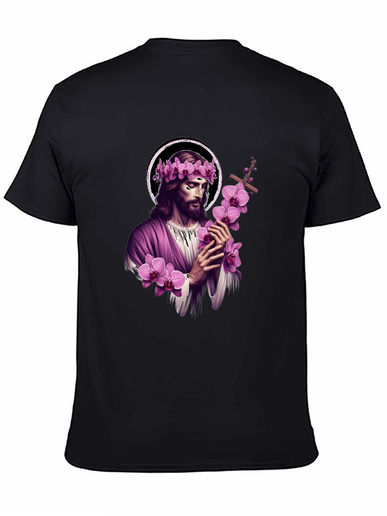 Black Jesus with Flowers Graphic T-Shirt - Soft Black Cotton Blend view 4