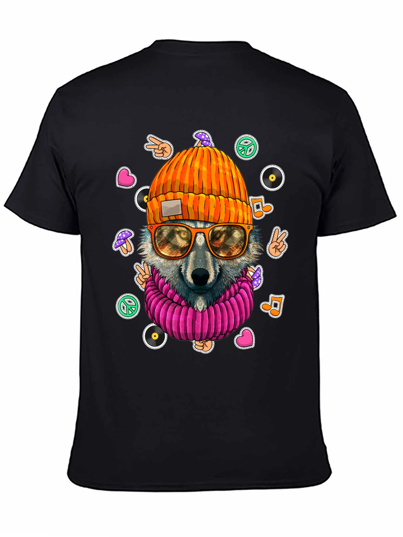 Black Cool Wolf Graphic Tee - Funky Hippie Style! view 4