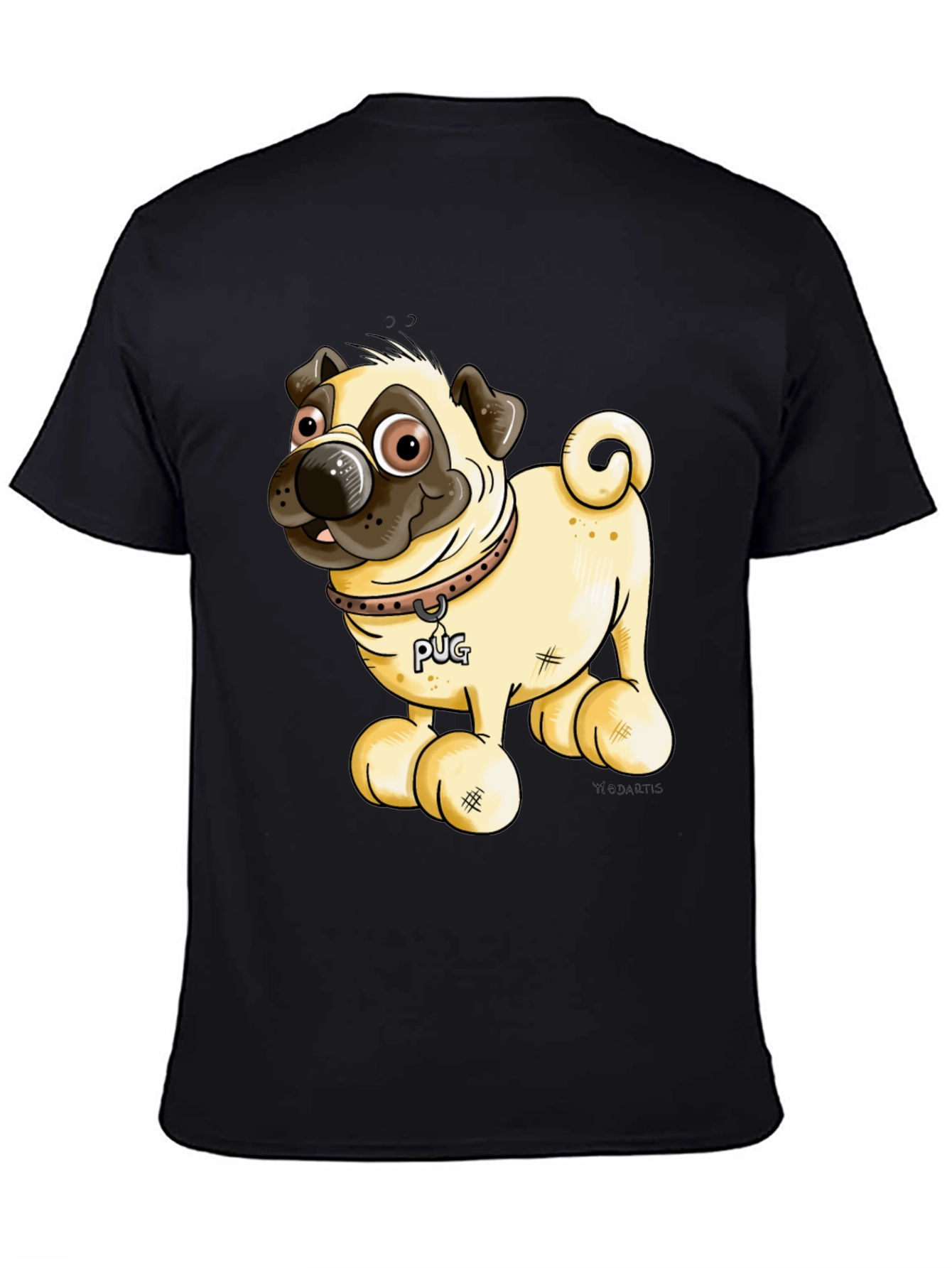 Black Pug Cartoon Black T-Shirt view 4