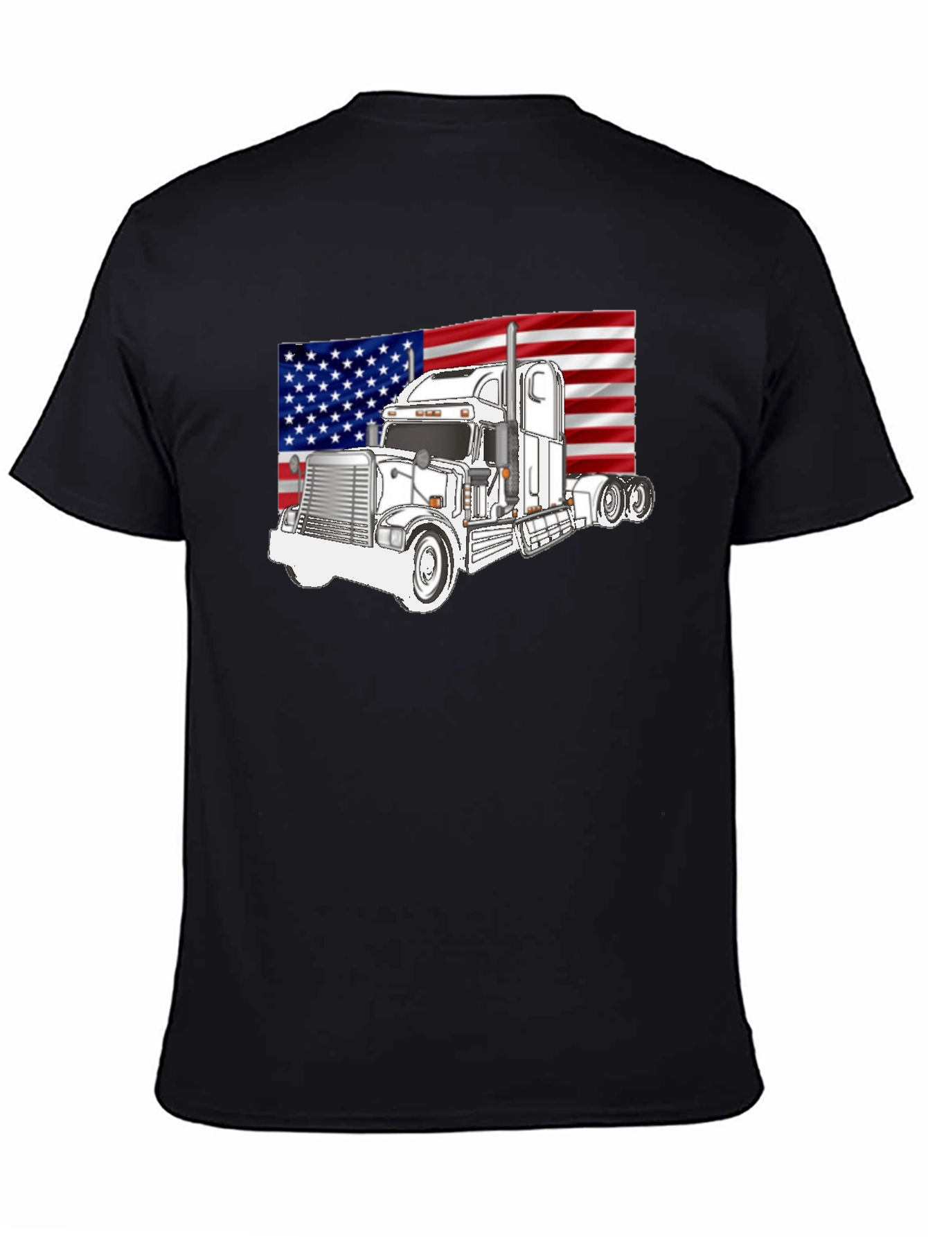 Black Trucker Pride Tee: American Flag Semi Truck Graphic T-Shirt view 4