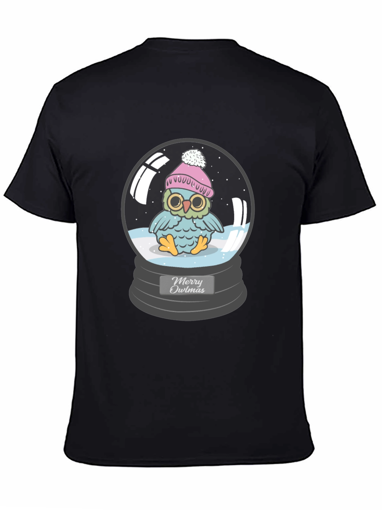 Black Merry Owlmas T-Shirt - Holiday Owl in Snow Globe view 4