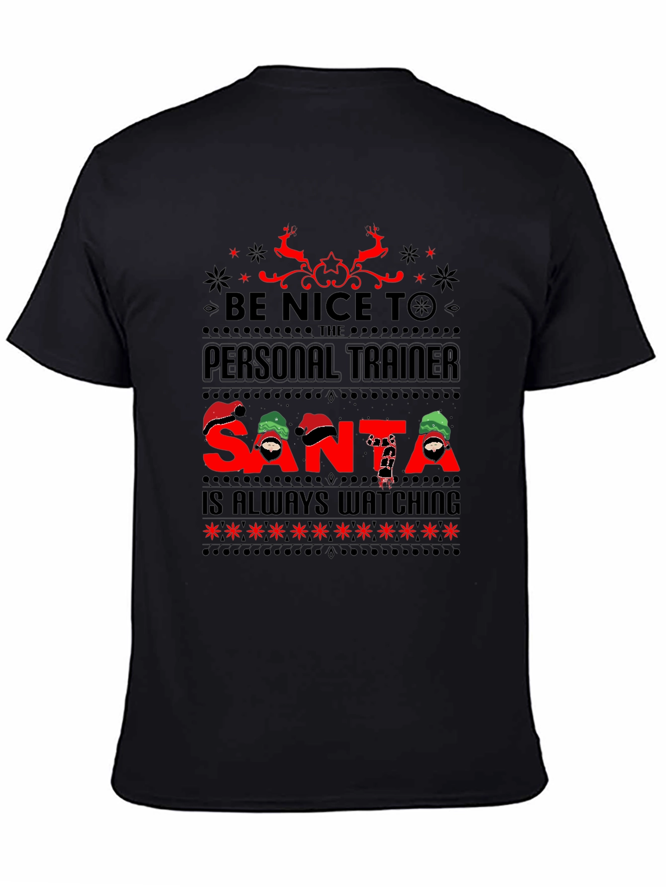 Black Personal Trainer Santa Watching Ugly Christmas T-Shirt view 4