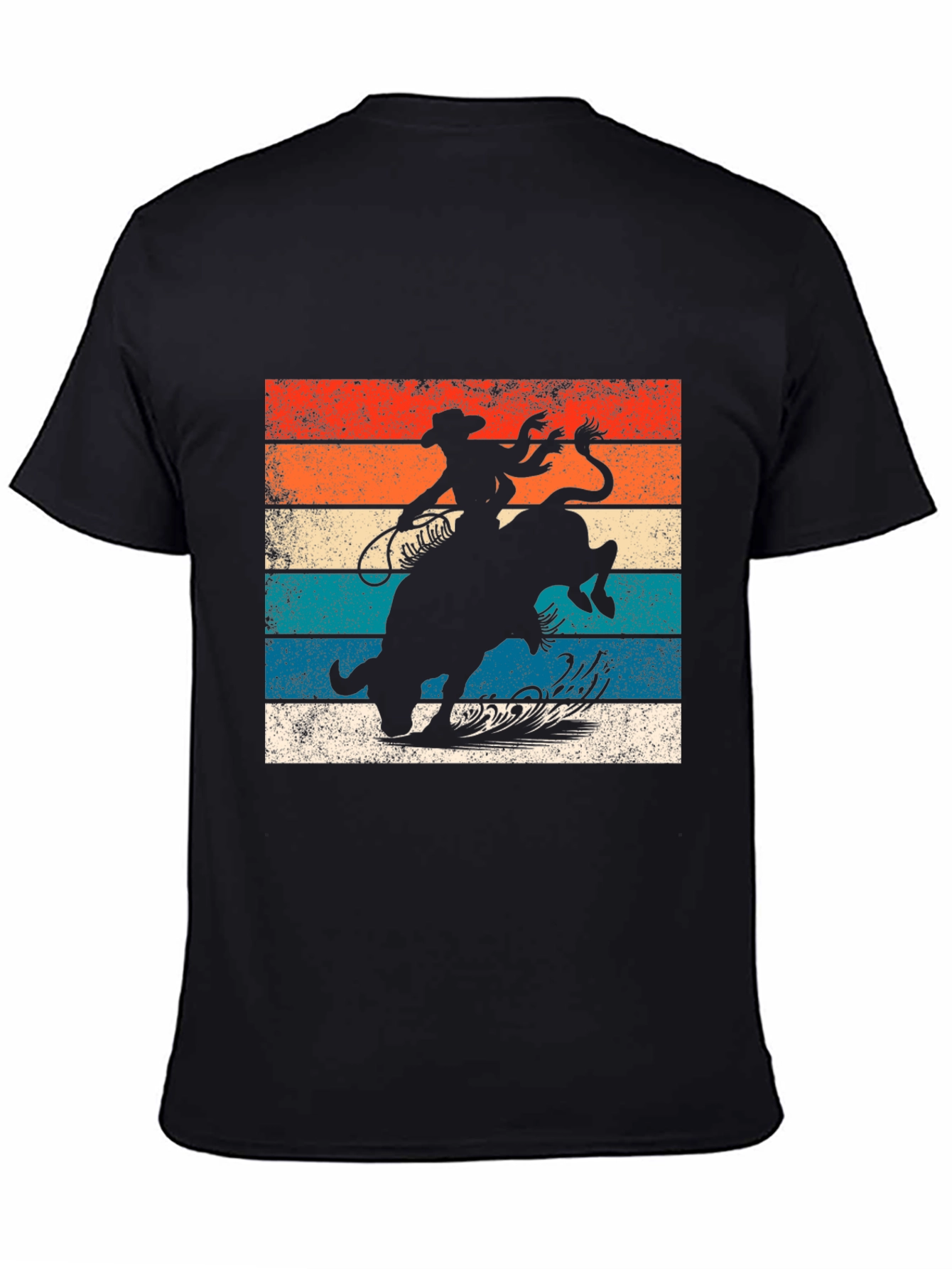 Black Retro Rodeo T-Shirt - Cowboy Riding Bull Design view 4