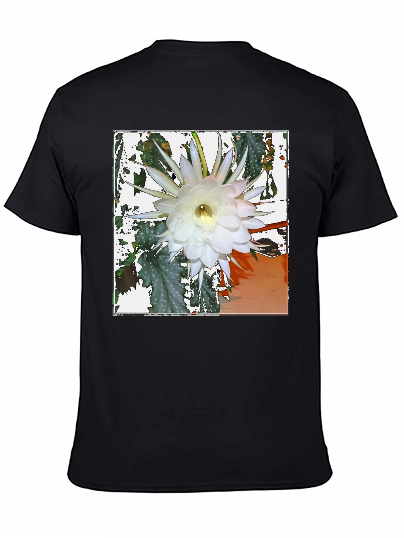 Black Floral Print Tee - Night Blooming Cereus Design view 4