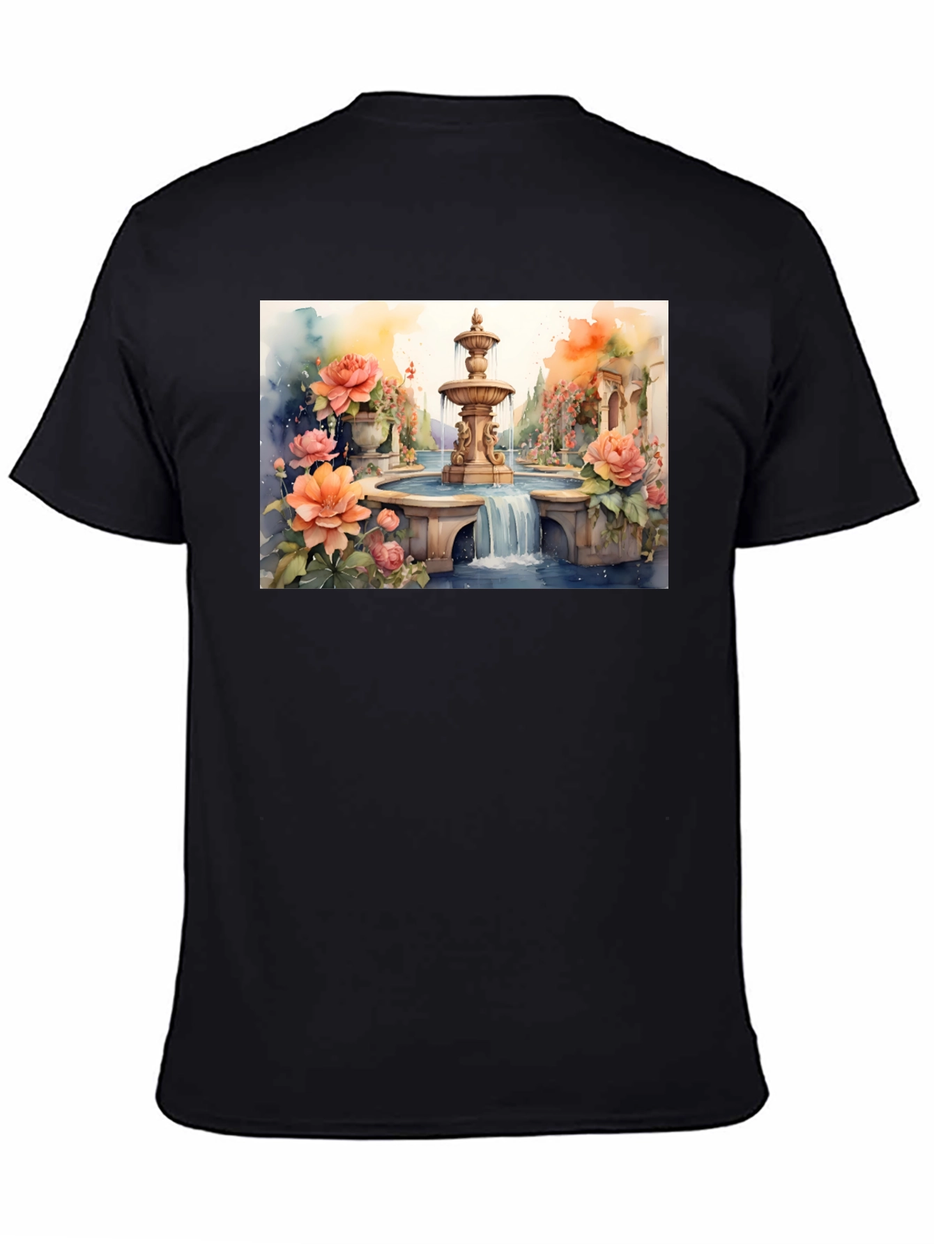 Black Floral Fountain Watercolor Art T-Shirt view 4