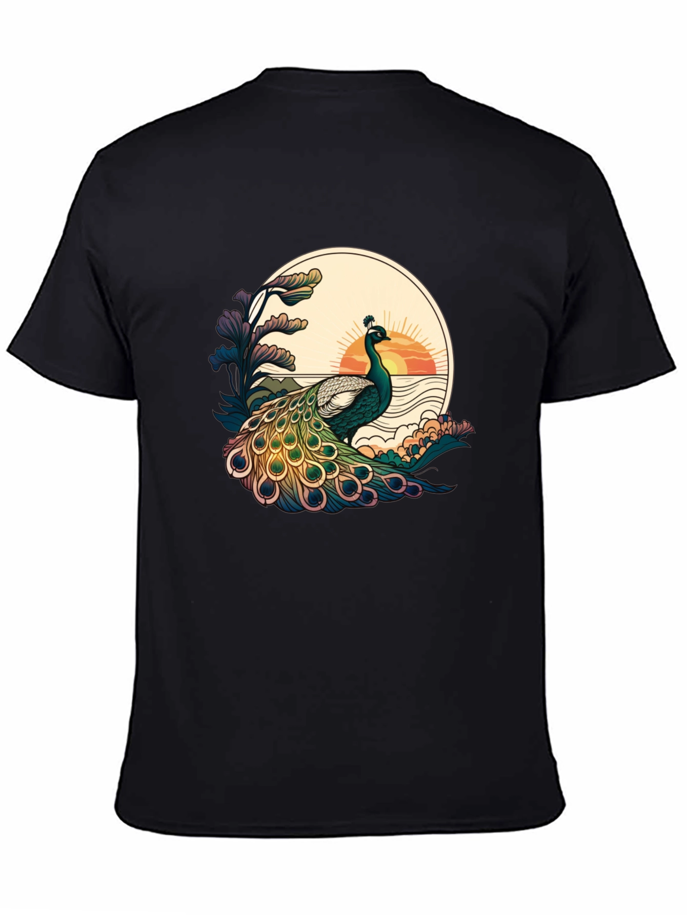 Black Peacock Sunset Graphic Tee - Stylish Black T-Shirt view 4