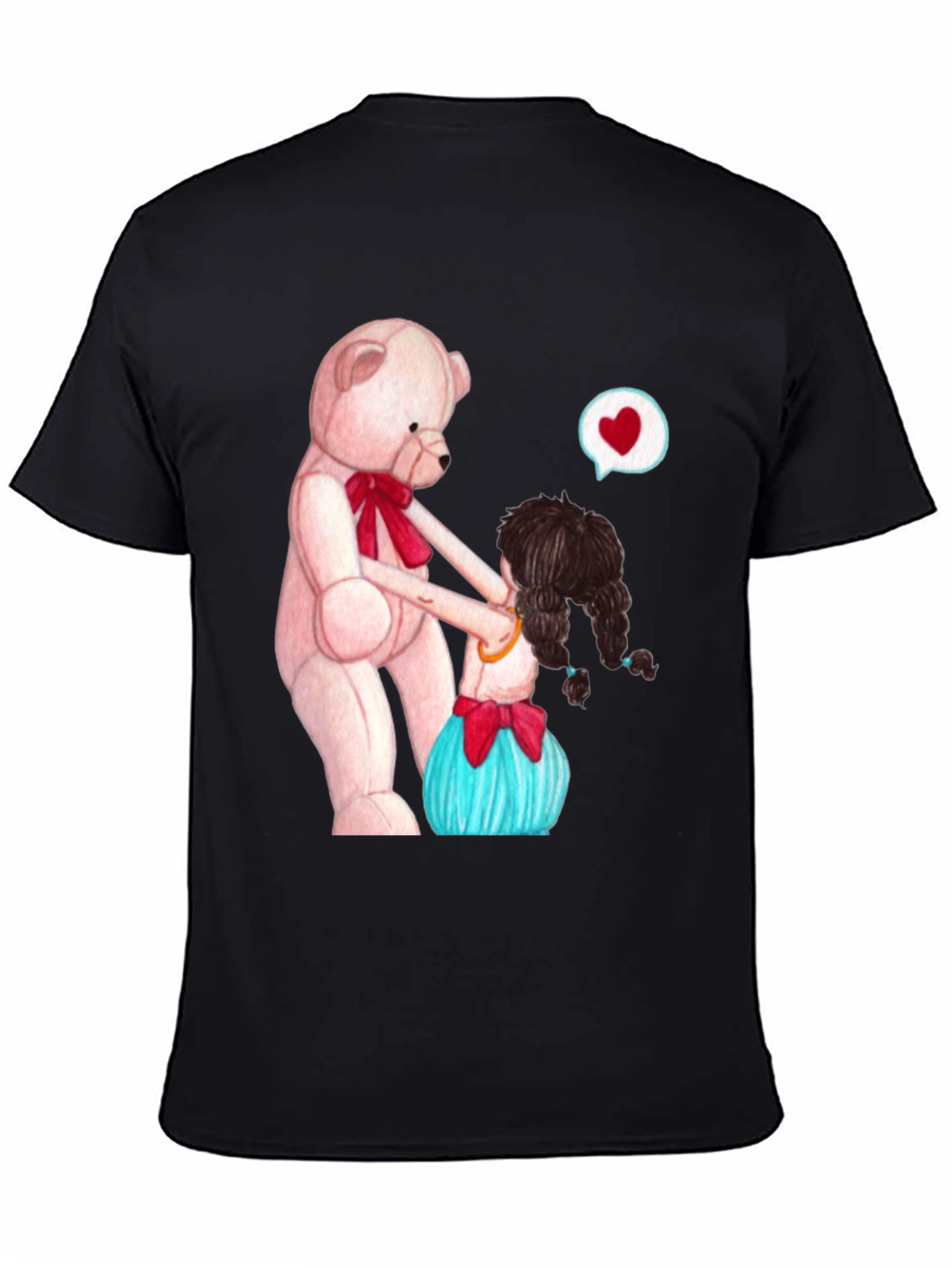 Black Cute Teddy Bear & Girl Black Graphic Tee view 4