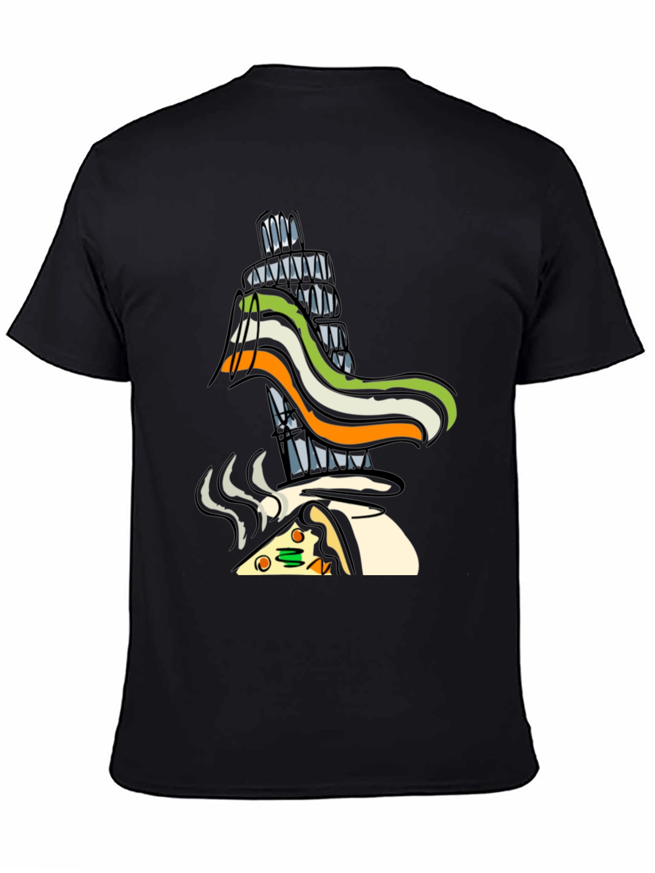Black Whimsical Pizza & Tower Graphic T-Shirt - Black view 4