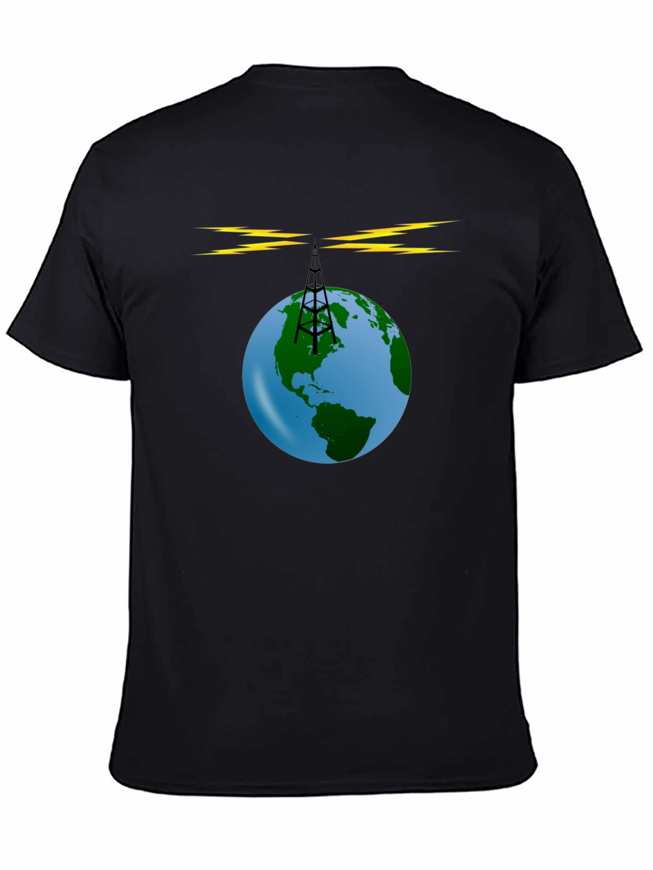 Black Global Radio Tower T-Shirt - Earth Broadcast Design view 4