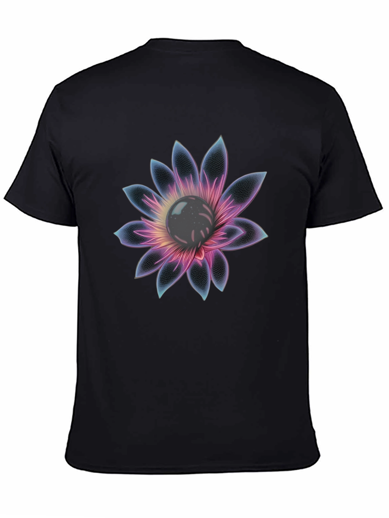 Black T-Shirt with Glowing Flower Design - 4