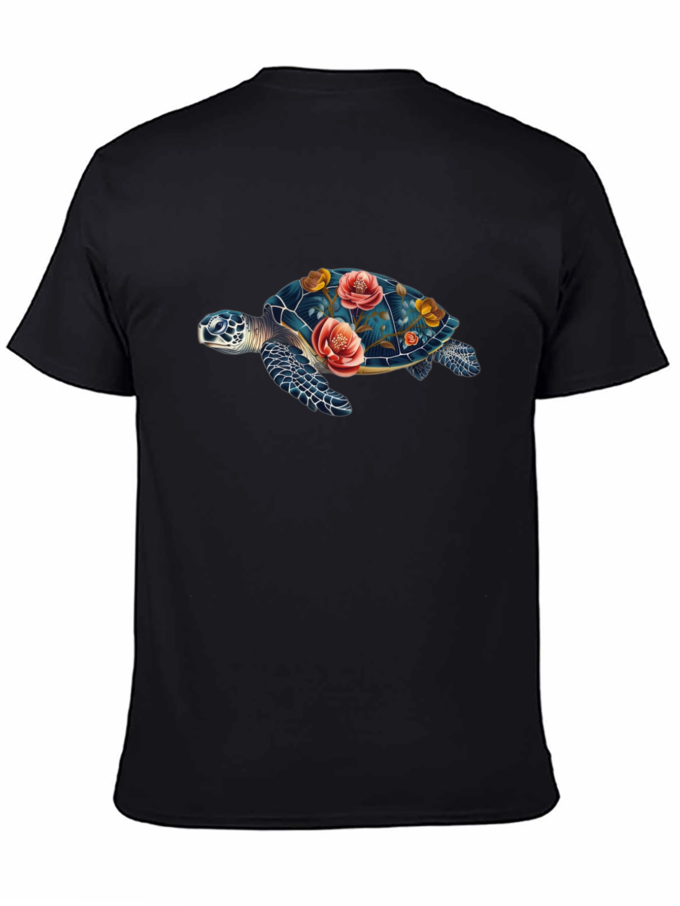 Black Floral Turtle Graphic Tee - Black Cotton Casual T-Shirt view 4