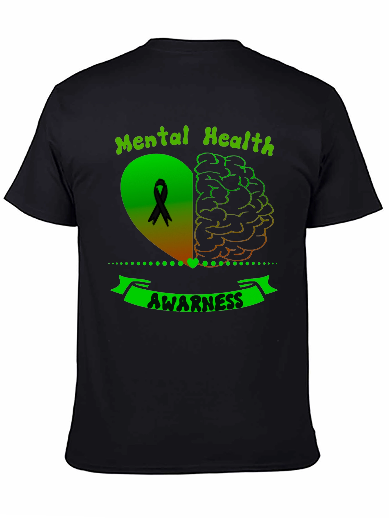 Black Mental Health Awareness Ribbon Heart Brain T-Shirt view 4