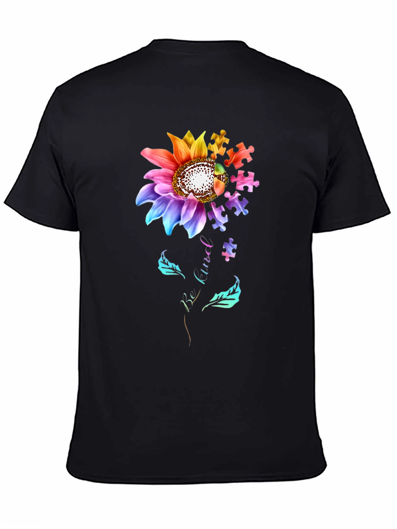Black Autism Awareness Sunflower Puzzle Piece T-Shirt view 4