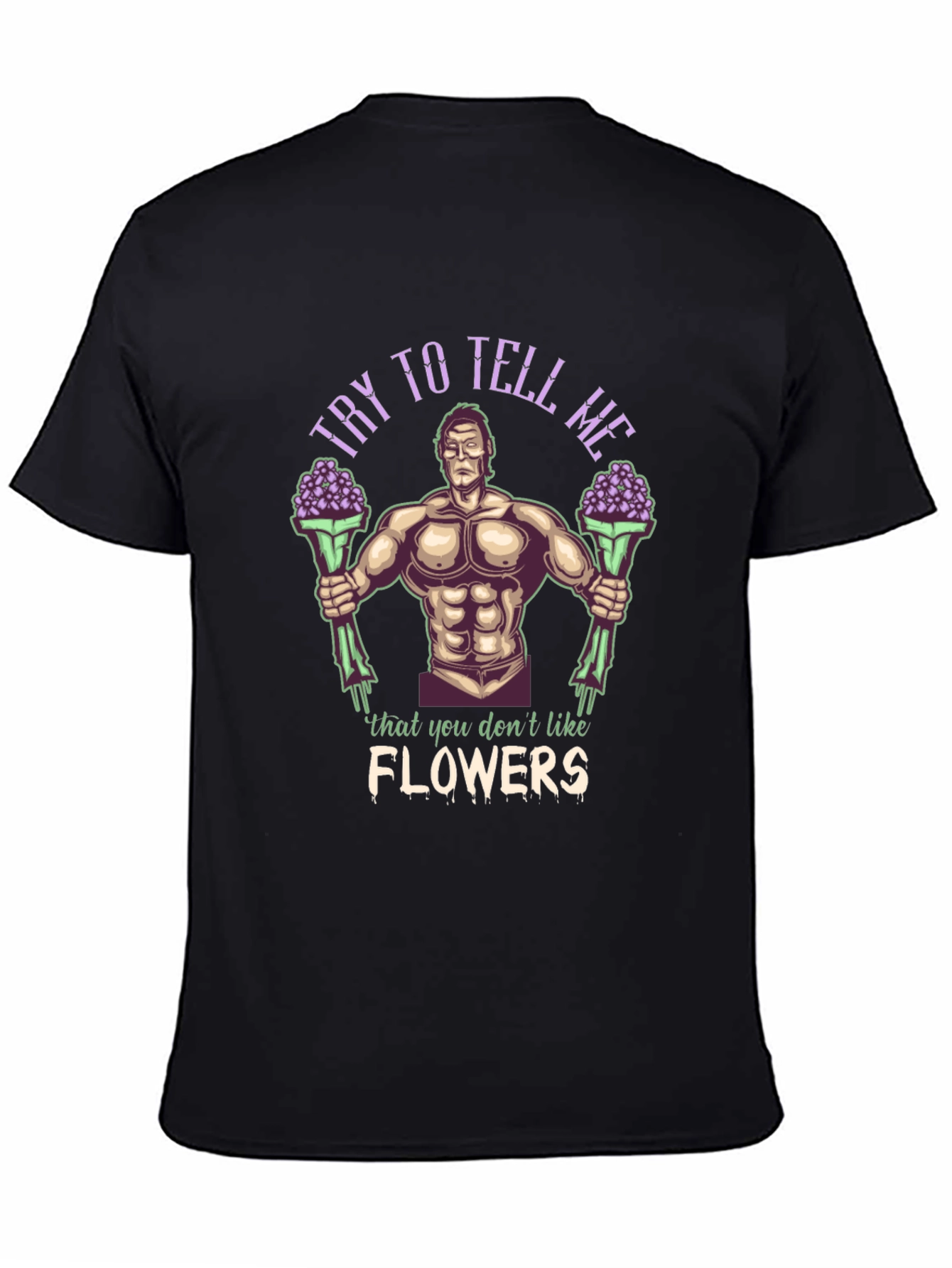 Black Funny Graphic T-Shirt - Buff Guy with Flowers view 4