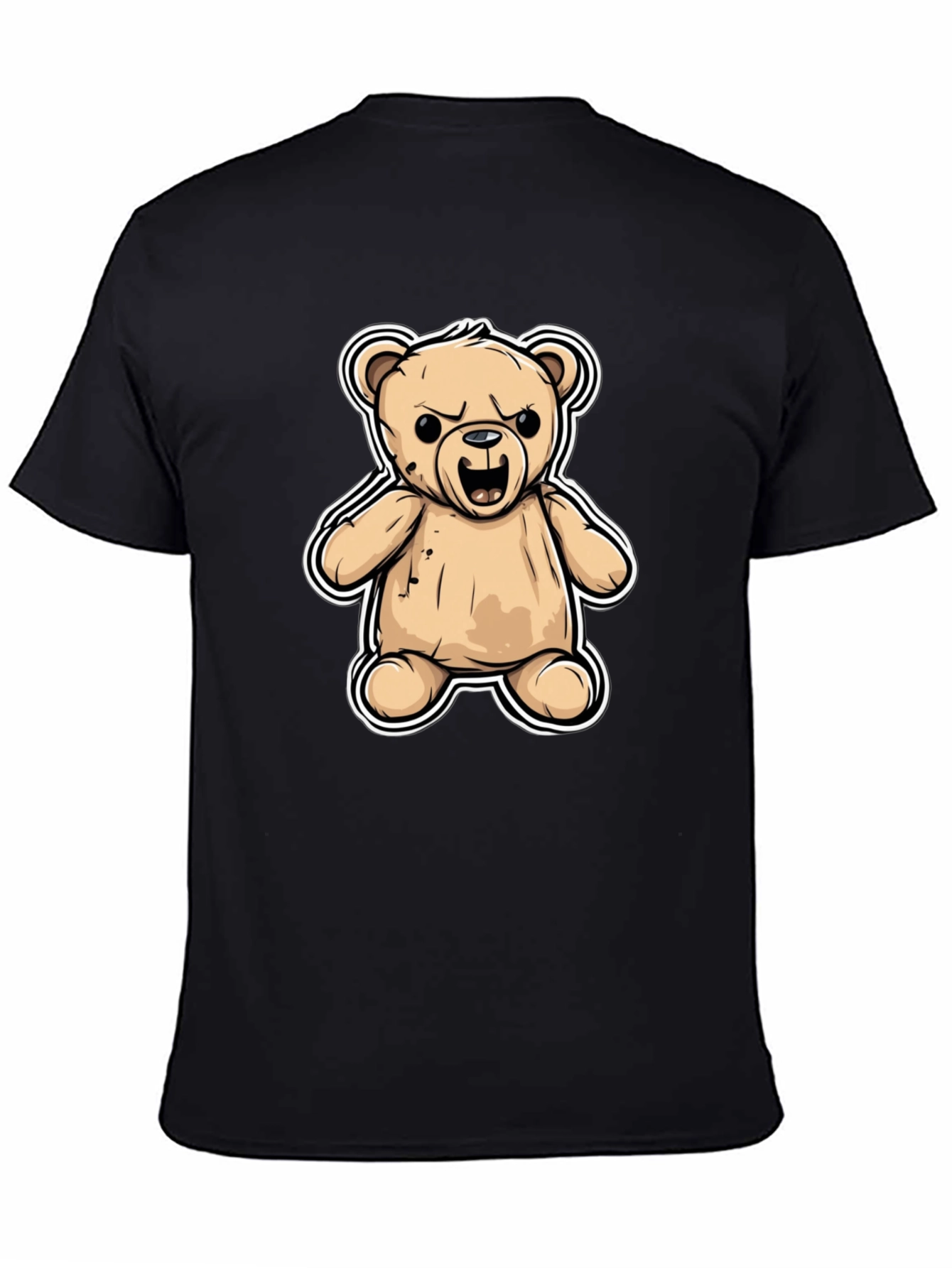 Black Men's Black T-Shirt with Cartoon Angry Teddy Bear Design view 4