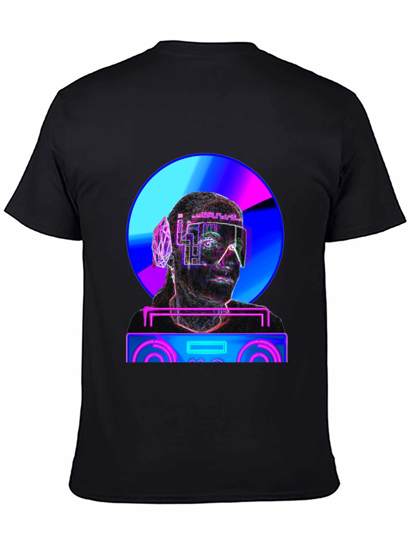 Black Cyberpunk DJ T-Shirt - Futuristic Neon Design view 4
