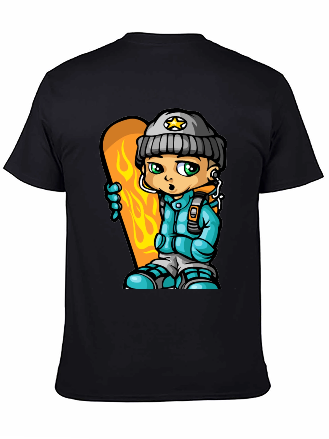 Black Cartoon Snowboarder Graphic Tee - Black Cotton Blend view 4