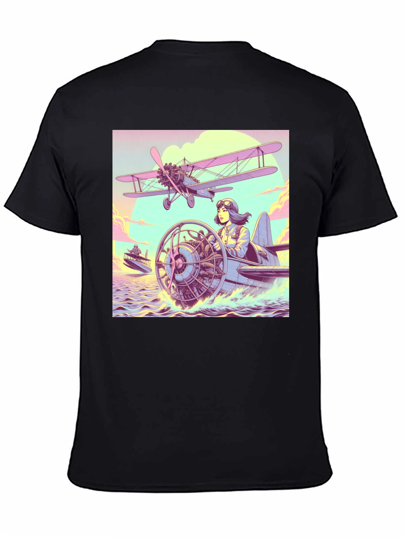 Black Retro Aviation T-Shirt - Pilot in Seaplane Design view 4