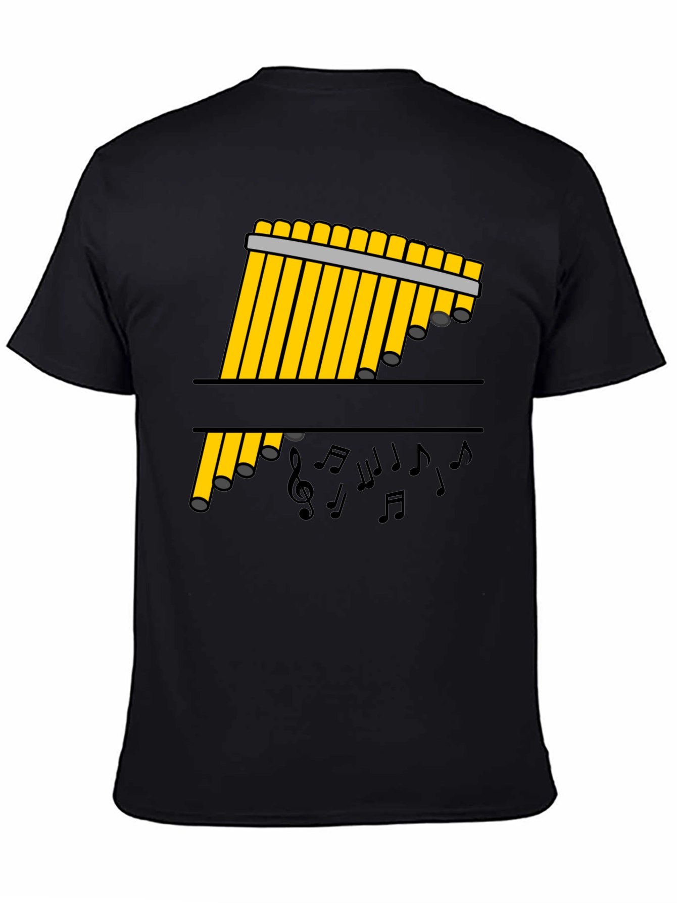 Black Pan Flute Music Notes Black Graphic Tee view 4