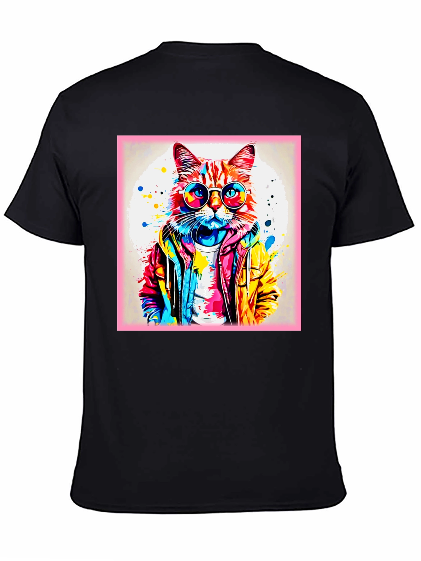 Black Cool Cat Graphic Tee - Colorful Art Design view 4