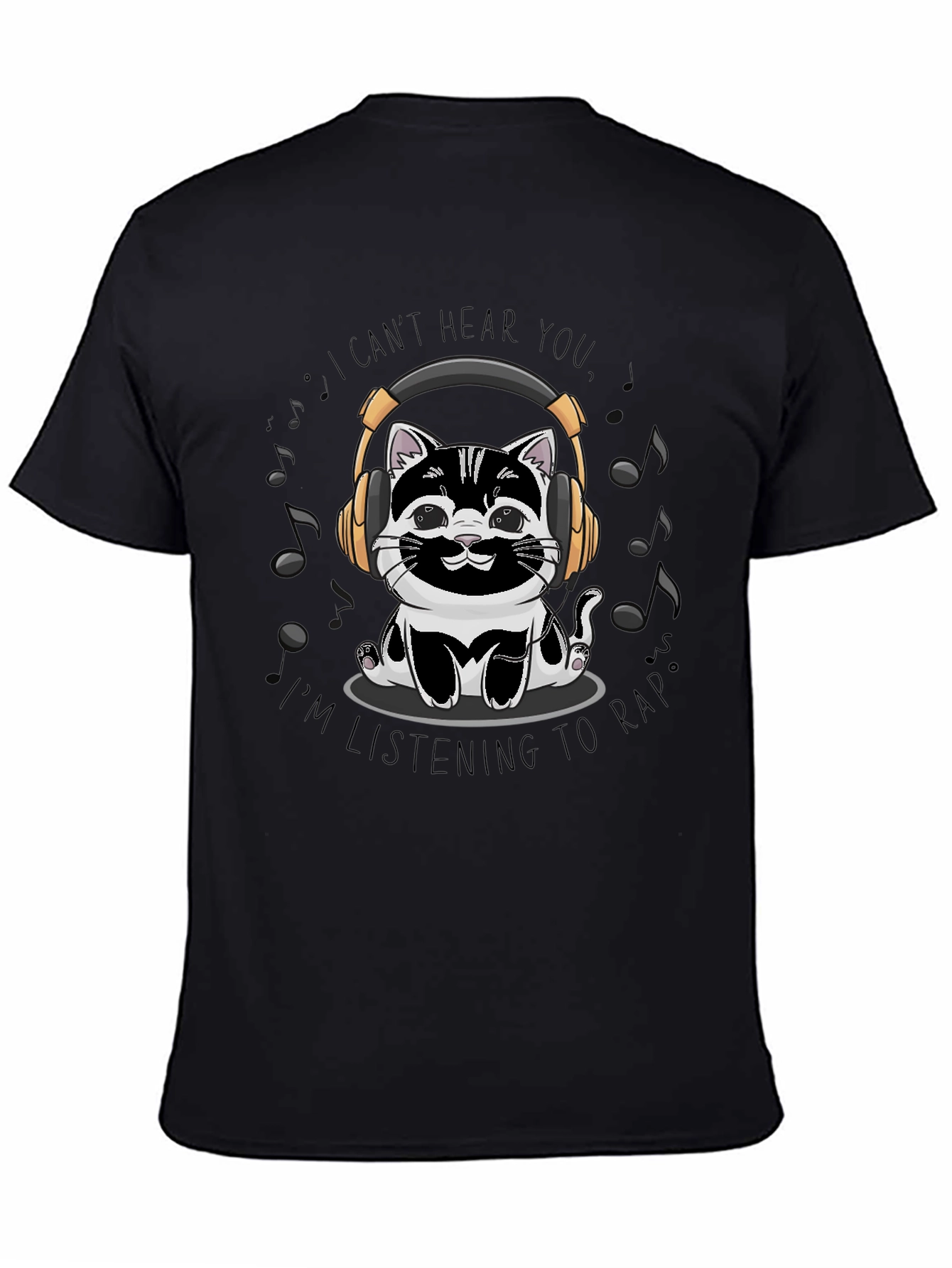Black Cat Headphones T-Shirt - I Can't Hear You, Listening to Rap view 4