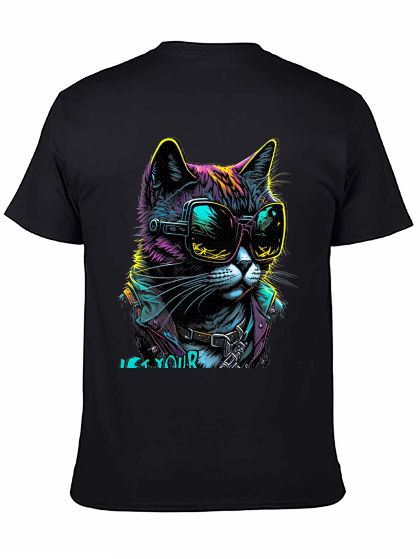 Black Cool Cat Graphic T-Shirt - Unique Neon Design view 4