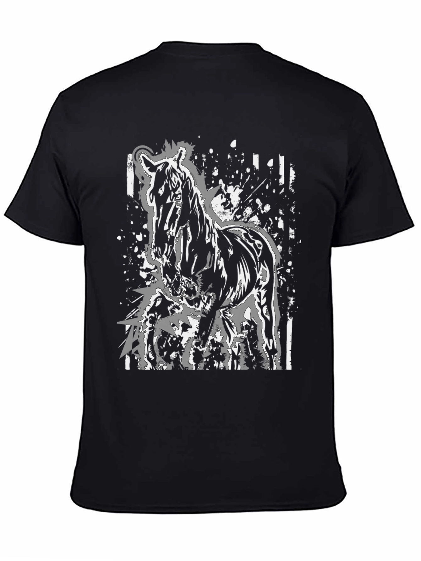 Black Horse Graphic Print Tee - Black Cotton Casual Shirt view 4