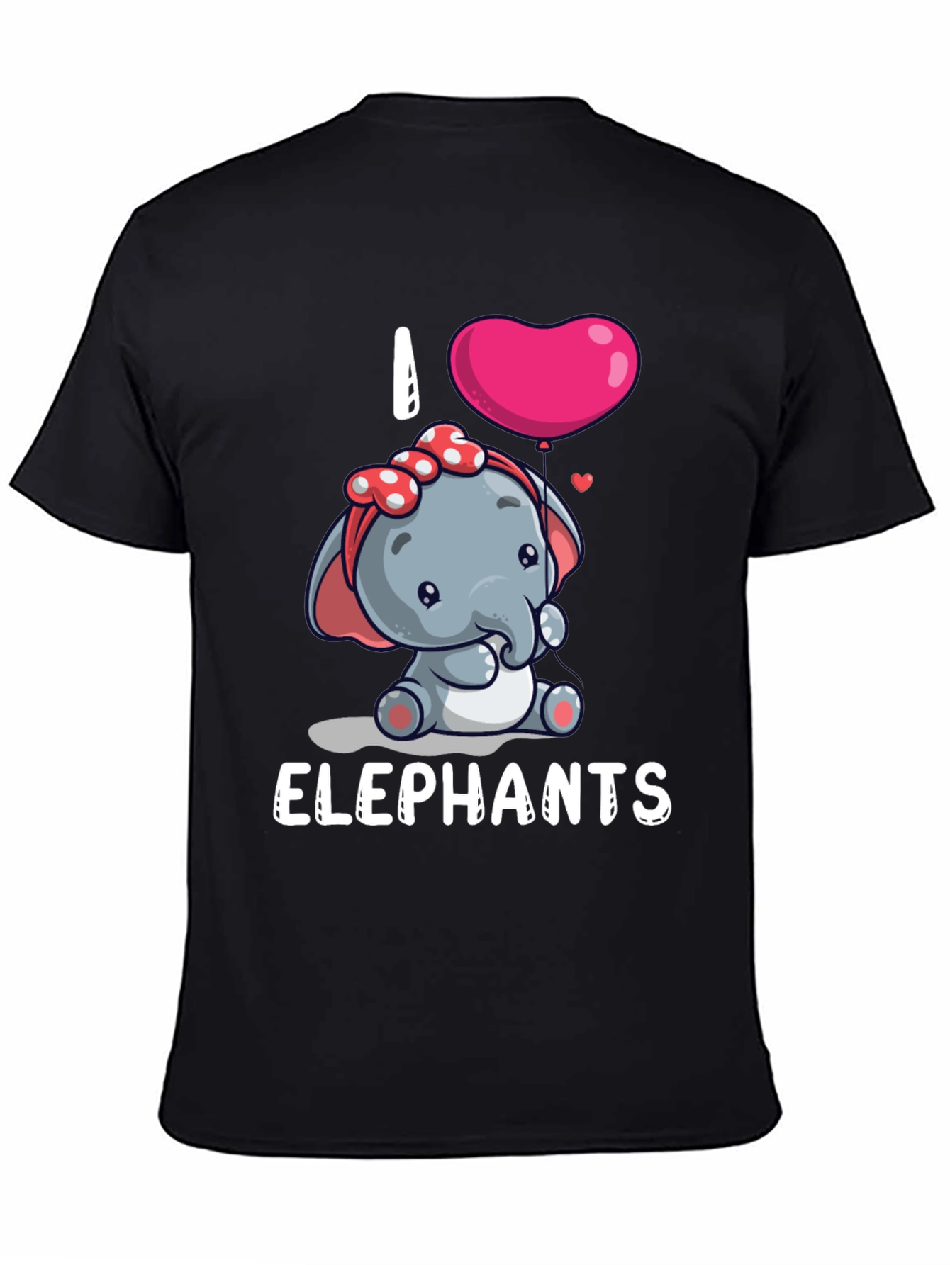 Black I Love Elephants Cartoon T-Shirt view 4