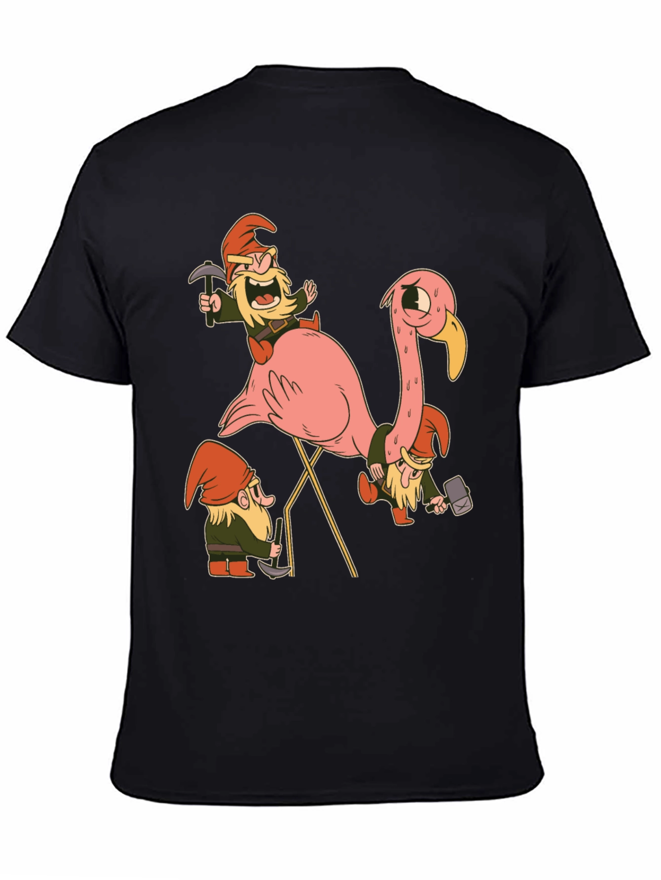 Black Gnomes Riding Flamingo Black T-Shirt view 4