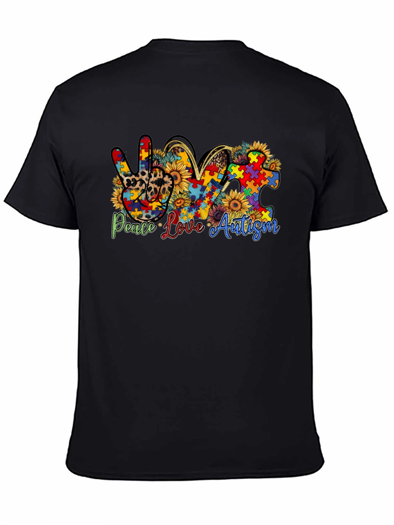 Black Peace Love Autism Awareness T-Shirt view 4