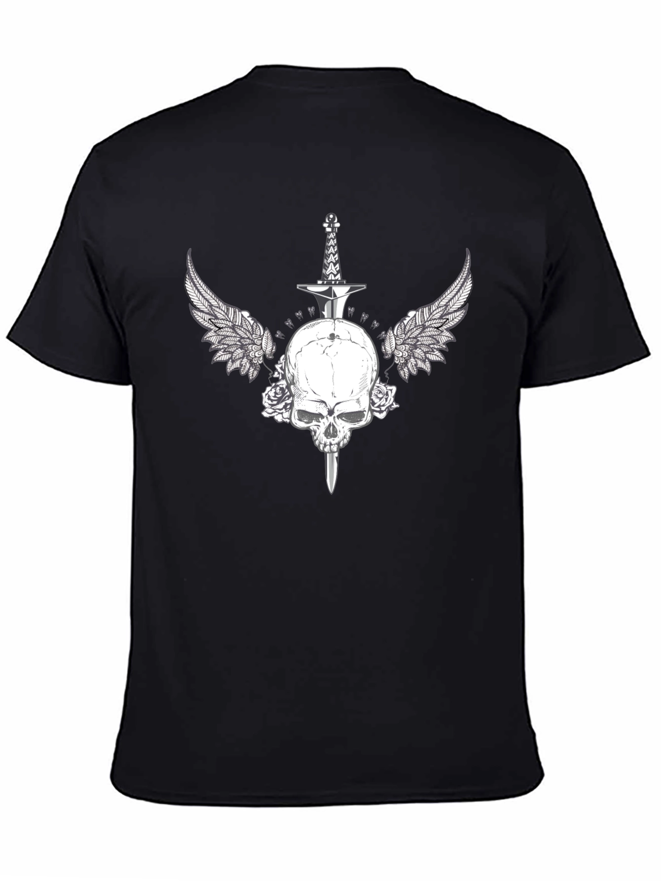 Black Skull Sword Wings Graphic Tee - Black Cotton Blend view 4