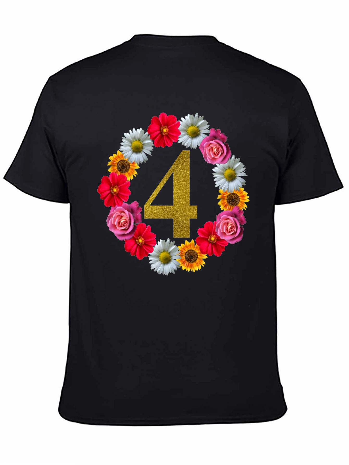 Black Floral Number 4 Birthday T-Shirt view 4
