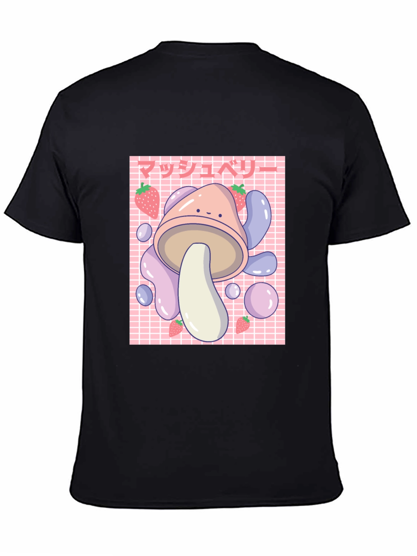 Black Cute Mushroom & Strawberry Graphic T-Shirt view 4