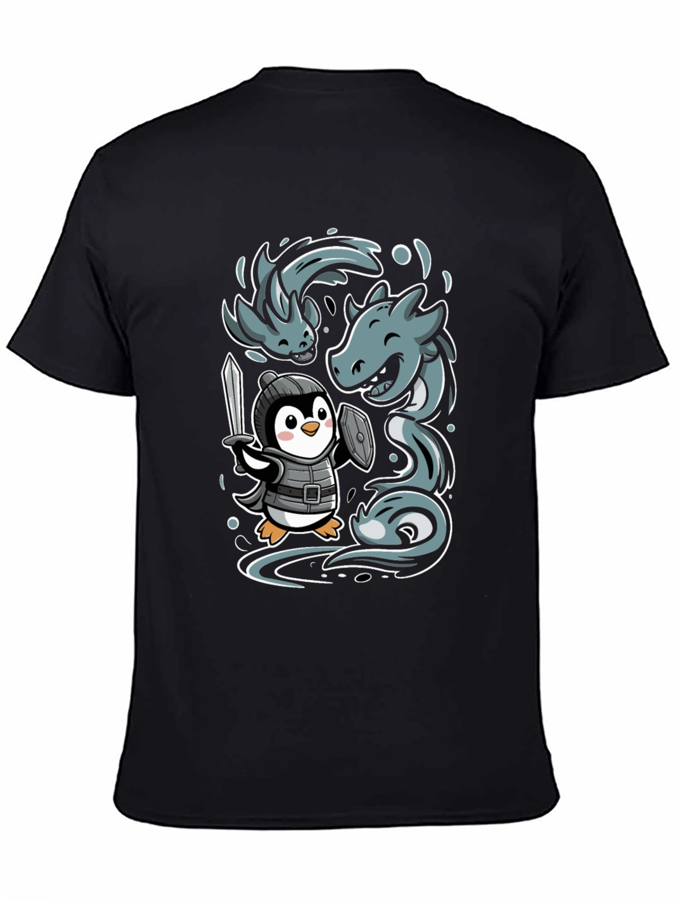 Black Penguin Knight vs Sea Serpent Graphic Tee view 4