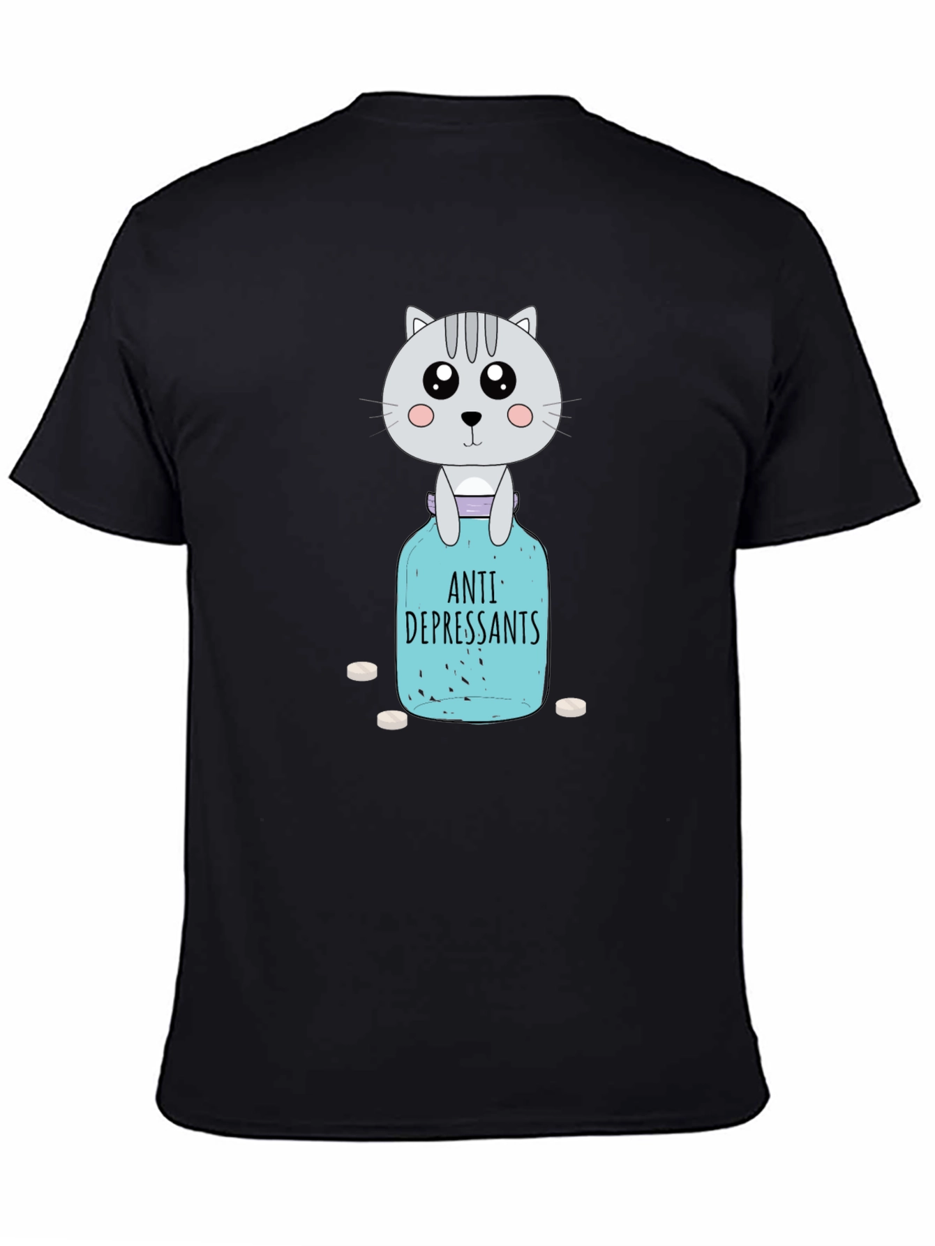 Black Anti-Depressant Cat T-Shirt - Pill Bottle Humor view 4