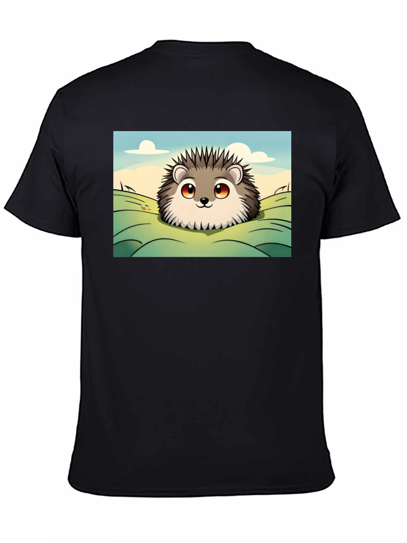 Black Cute Hedgehog Graphic Tee - Black Cotton T-Shirt view 4
