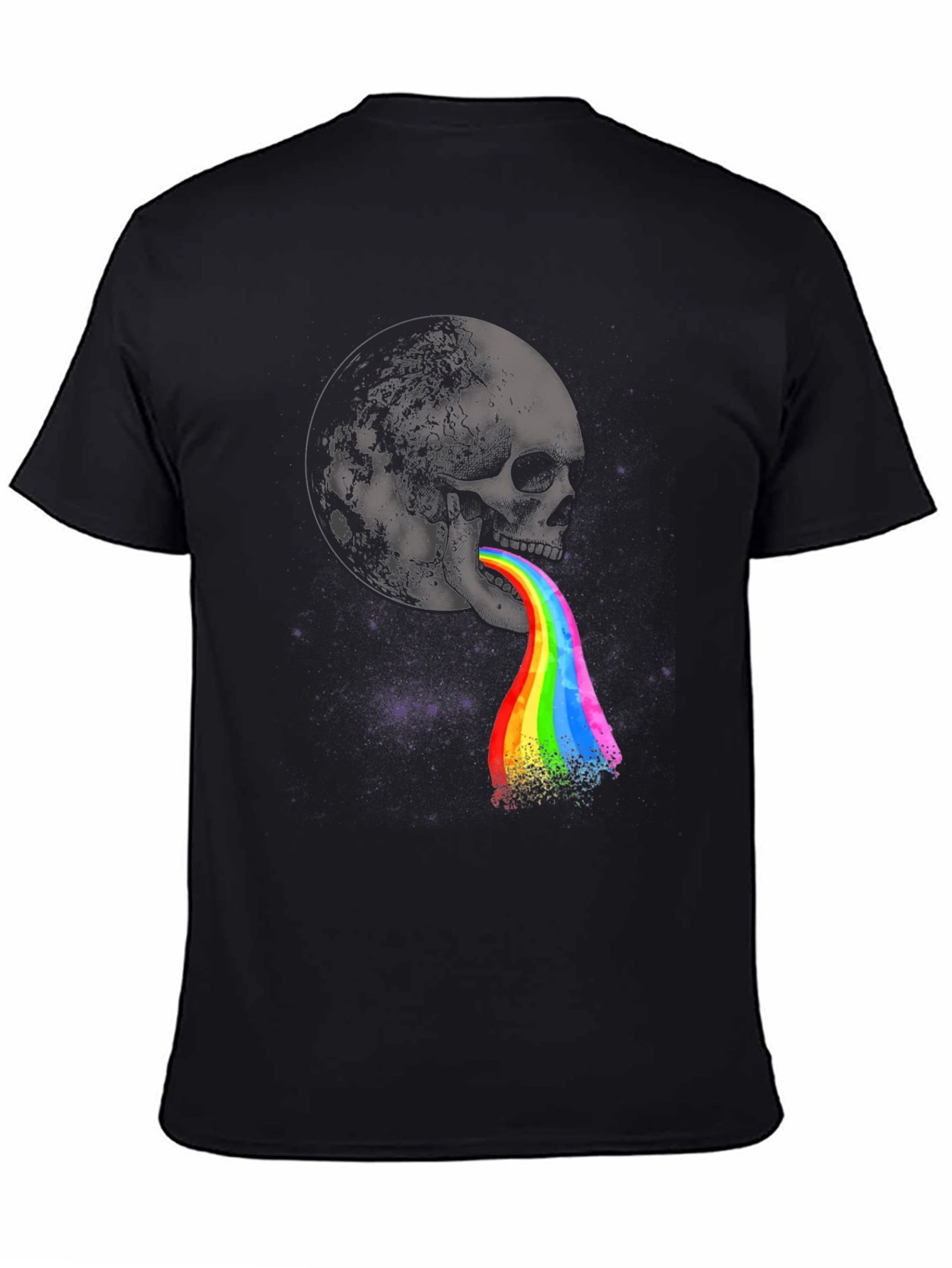 Black Skull & Moon Graphic Print Tee - Colorful Rainbow Vomit Design view 4
