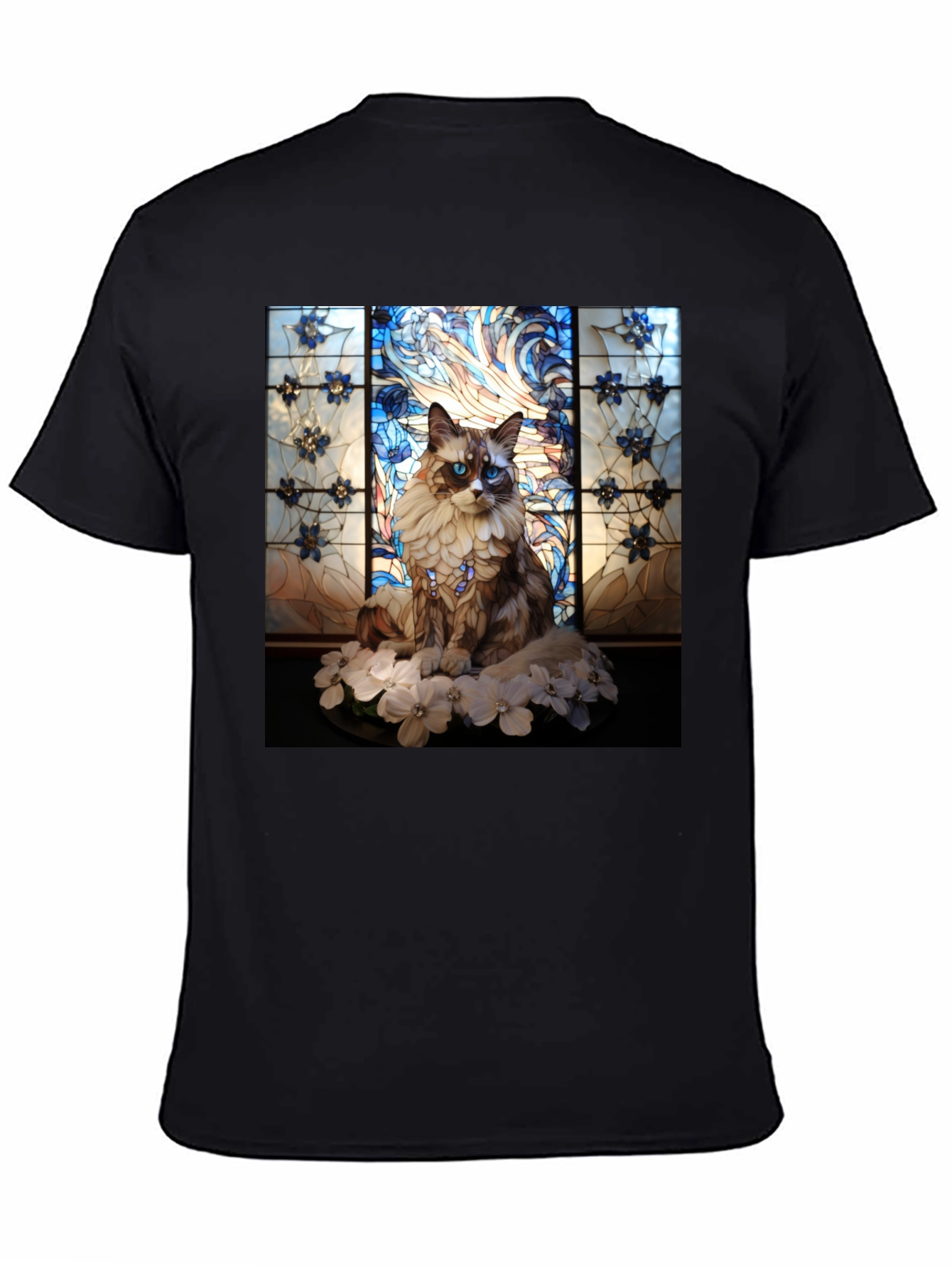 Black Stained Glass Cat Portrait T-Shirt view 4