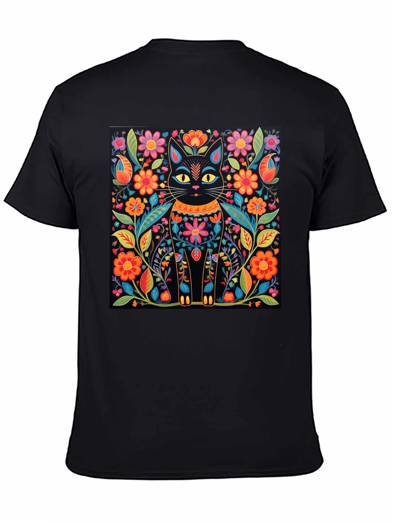 Black Floral Cat Graphic Print Black T-Shirt view 4