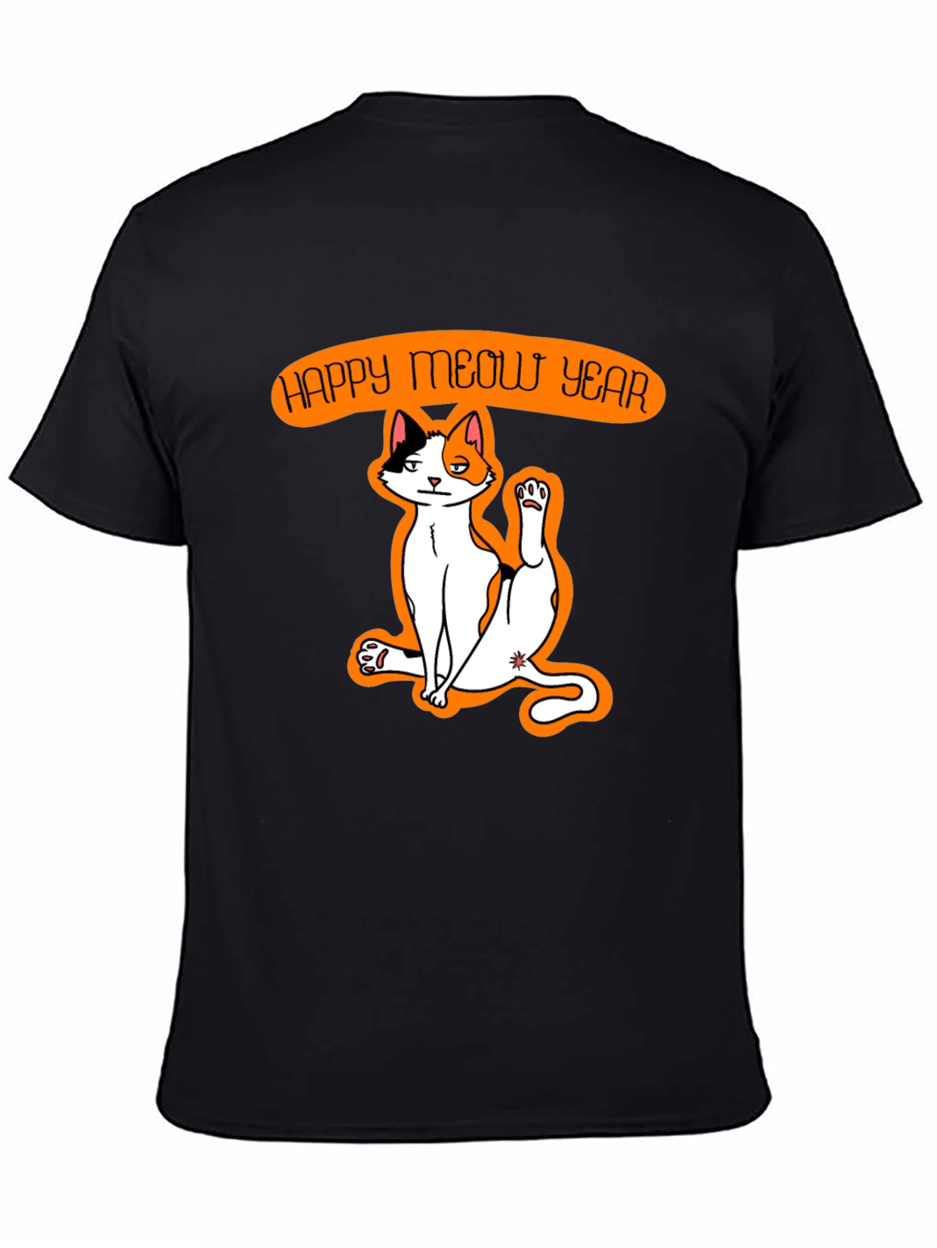 Black Happy Meow Year T-Shirt - Festive Cat Graphic Tee view 4