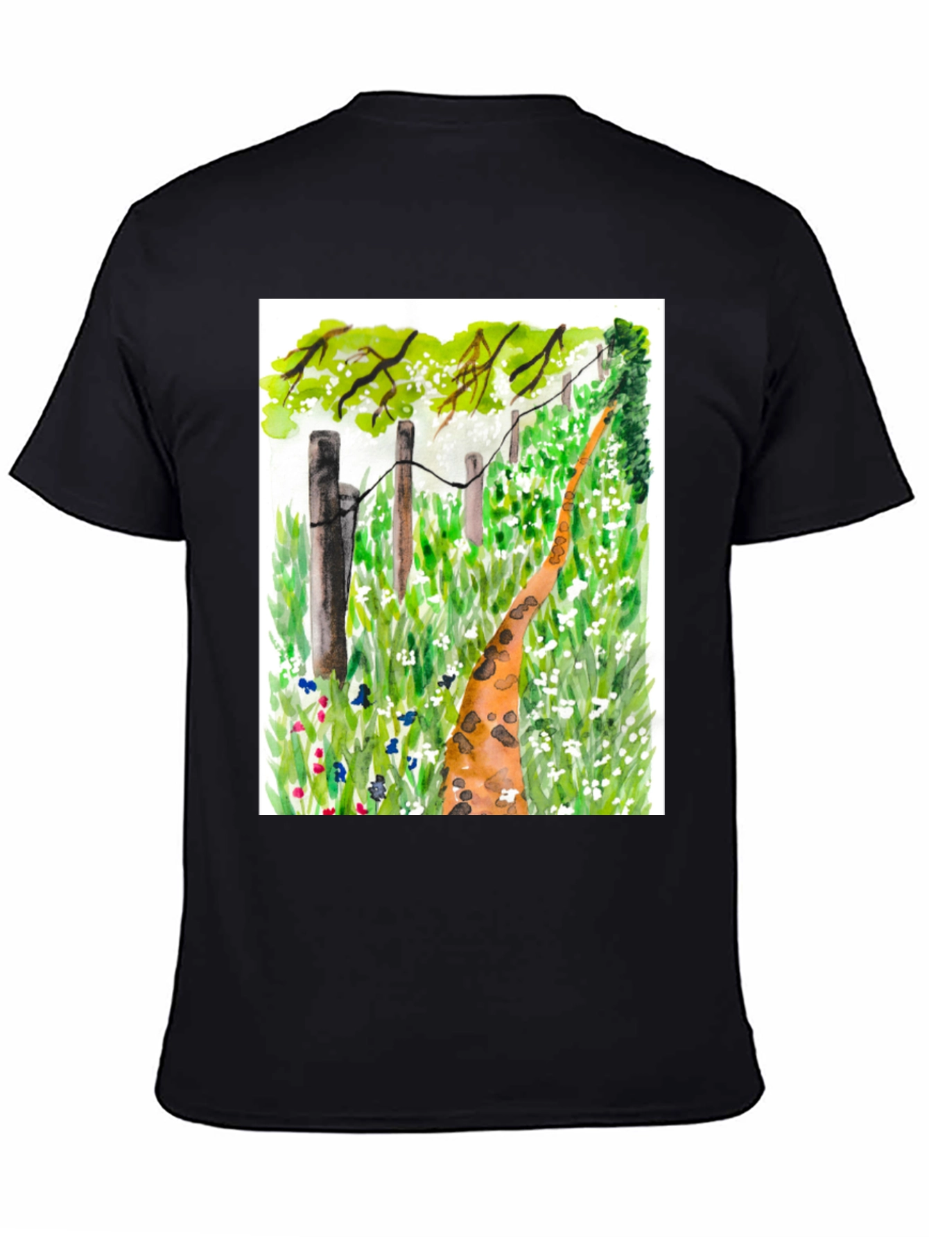Black Watercolor Meadow Path Black T-Shirt view 4