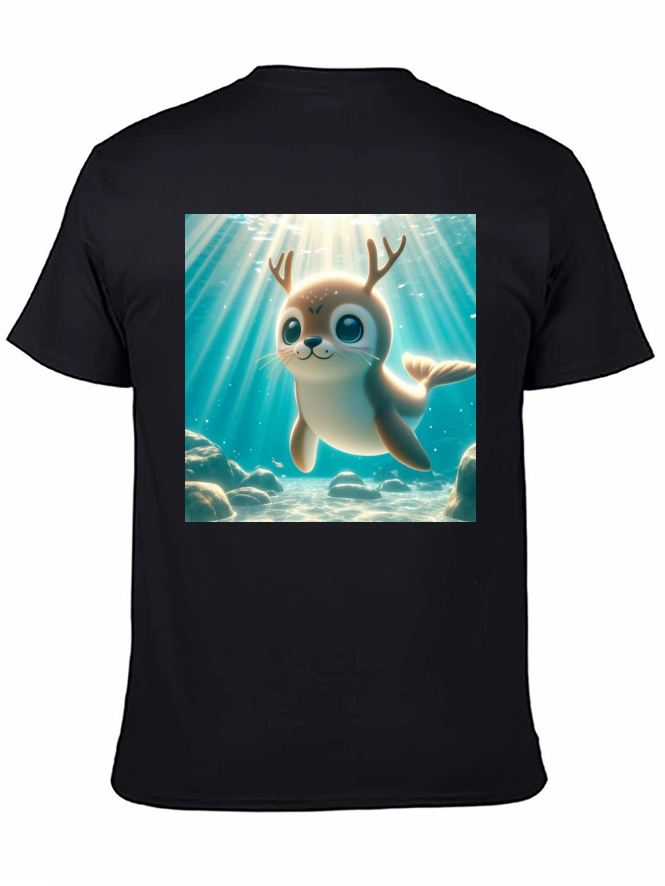 Black Cute Antlered Seal T-Shirt view 4